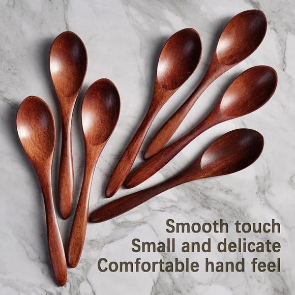 5.78" Beautiful Small High Quality Wooden Spoons Set for Eating - Brown - 7 Pcs - Picture 6 of 6